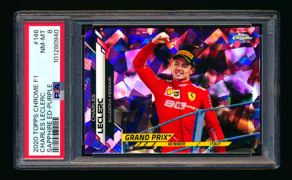 2020 Topps Chrome Sapphire F1 #146 Charles Leclerc RC Purple Refractor #07/10 PSA 8
