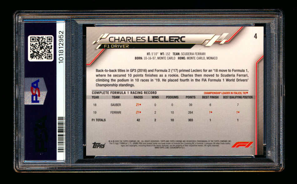 2020 Topps Chrome Sapphire F1 #4 Charles Leclerc RC Refractor Portrait PSA 10 ** (SOLD eBay - $118.00 - 4/9/2025) **