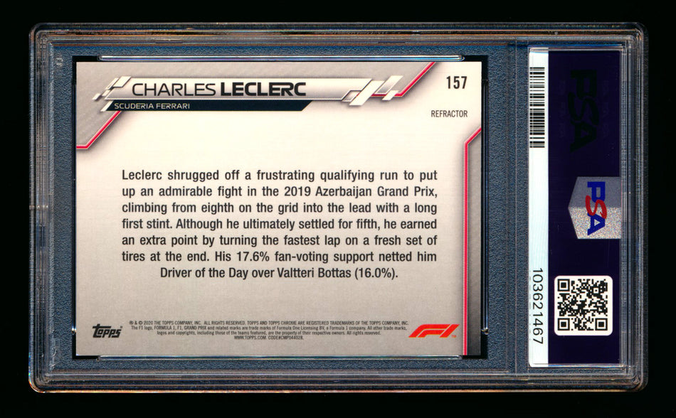 2020 Topps Chrome F1 #157 Charles Leclerc RC Refractor PSA 10