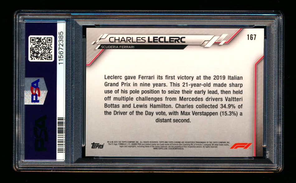 2020 Topps Chrome F1 #167 Charles Leclerc RC 70th Anniversary Red Refractor PSA 9