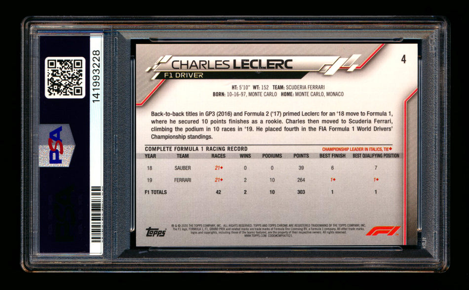 2020 Topps Chrome Sapphire F1 #4 Charles Leclerc RC Refractor Portrait PSA 9