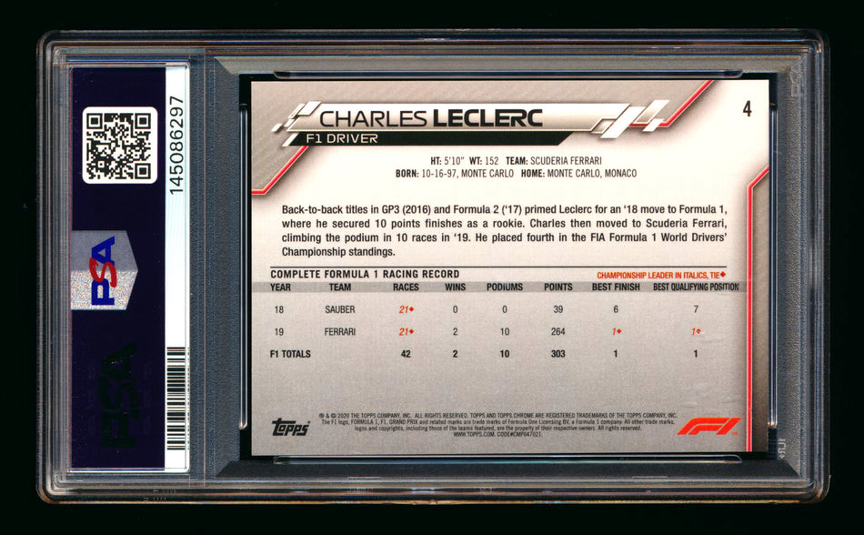 2020 Topps Chrome Sapphire F1 #4 Charles Leclerc RC Refractor Portrait PSA 10