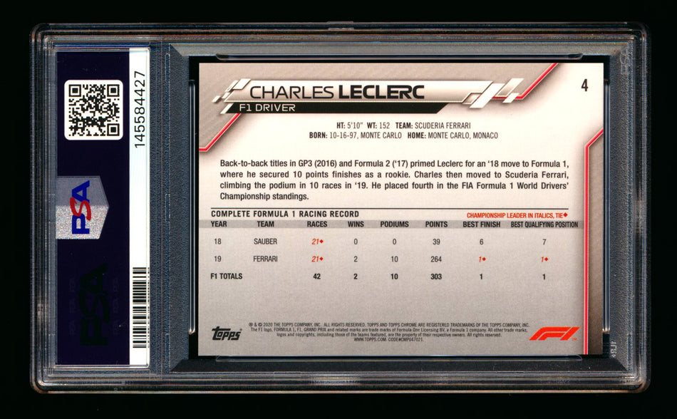 2020 Topps Chrome Sapphire F1 #4 Charles Leclerc RC Refractor Portrait PSA 10