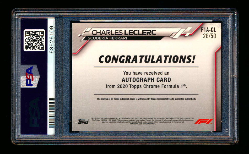 2020 Topps Chrome F1 #F1A-CL Charles Leclerc RC Gold Wave Refractor Autograph #26/50 PSA 7