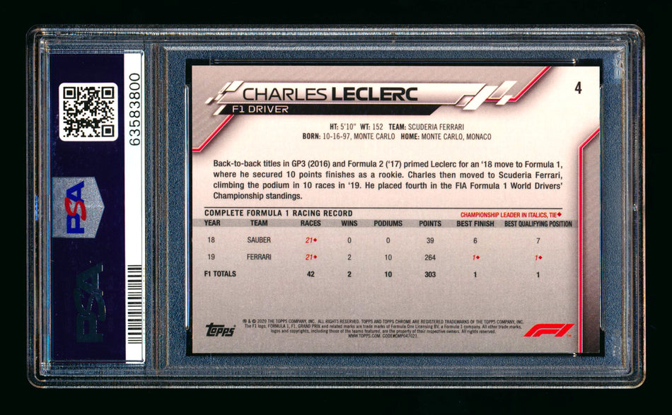 2020 Topps Chrome Sapphire F1 #4 Charles Leclerc RC Refractor Portrait PSA 9