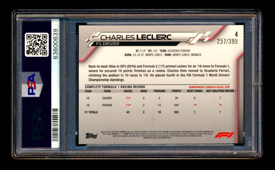 2020 Topps Chrome F1 #4 Charles Leclerc RC Purple Refractor Portrait #257/399 PSA 9 ** (SOLD - $175.00 - 12/17/2024) **