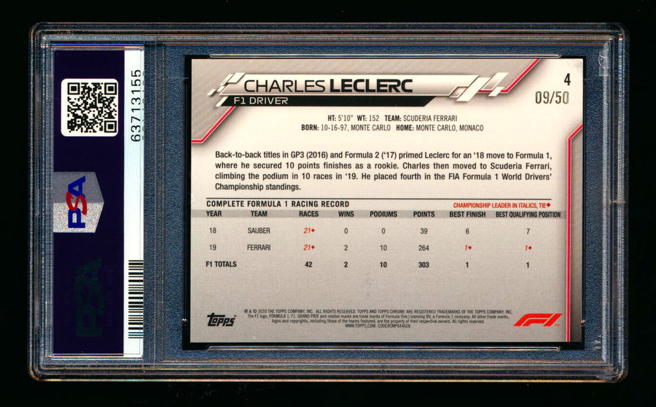 2020 Topps Chrome F1 #4 Charles Leclerc RC Gold Refractor Portrait #09/50 PSA 7
