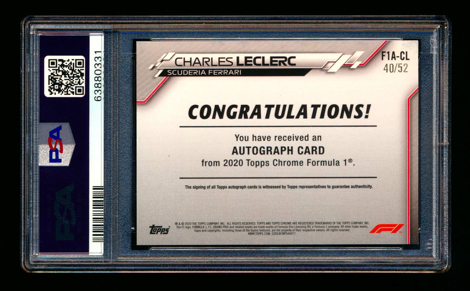 2020 Topps Chrome F1 #F1A-CL Charles Leclerc RC Refractor Autograph #40/52 PSA 8