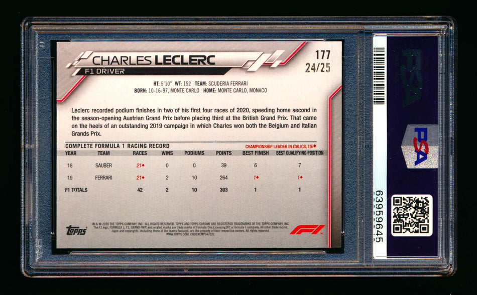 2020 Topps Chrome Sapphire F1 #177 Charles Leclerc RC Orange Refractor #24/25 PSA 8 ** (SOLD eBay - $179.00 - 2/28/2025) **