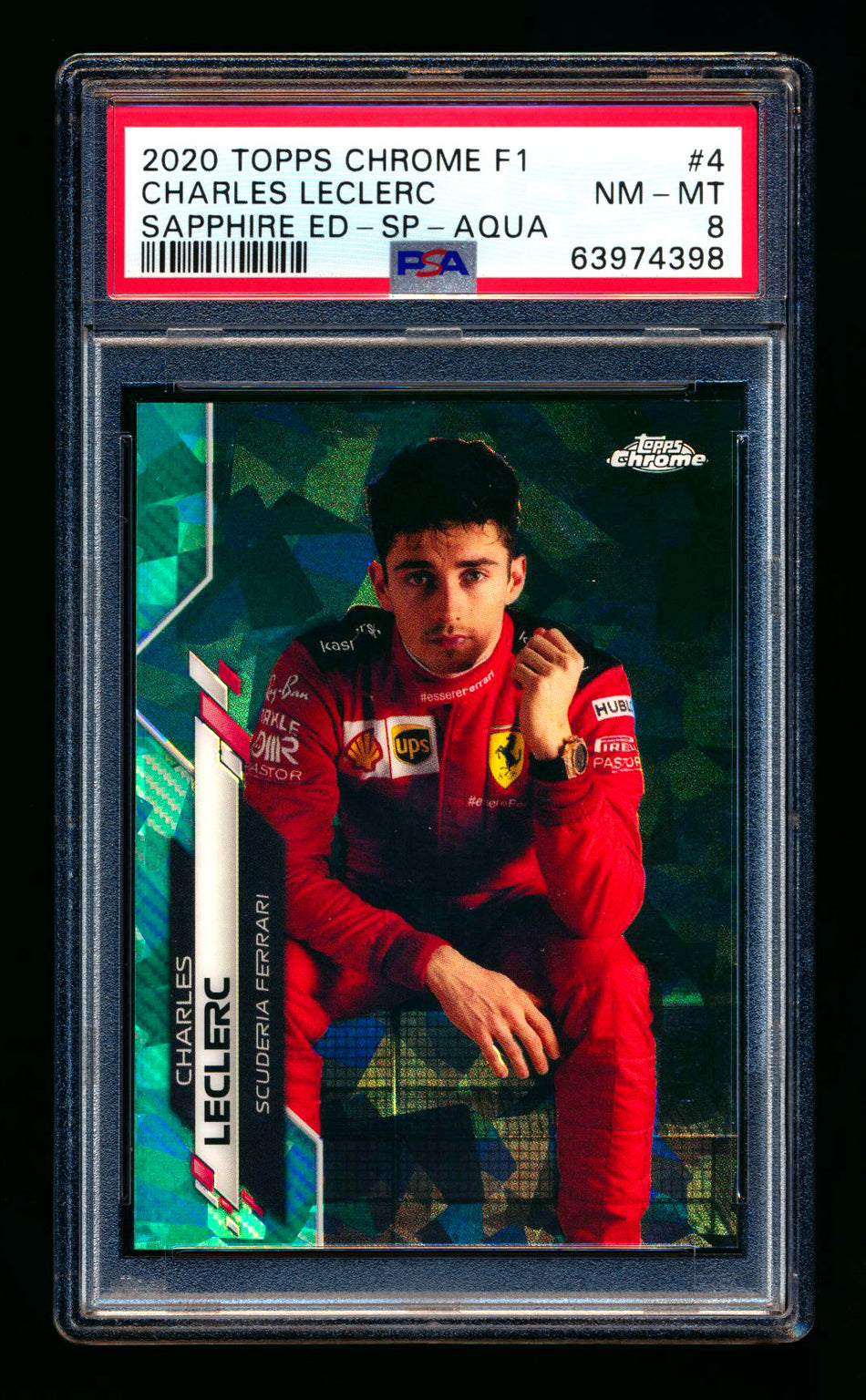 2020 Topps Chrome Sapphire F1 #4 Charles Leclerc RC Aqua Refractor Image Variation SP #82/99 PSA 8