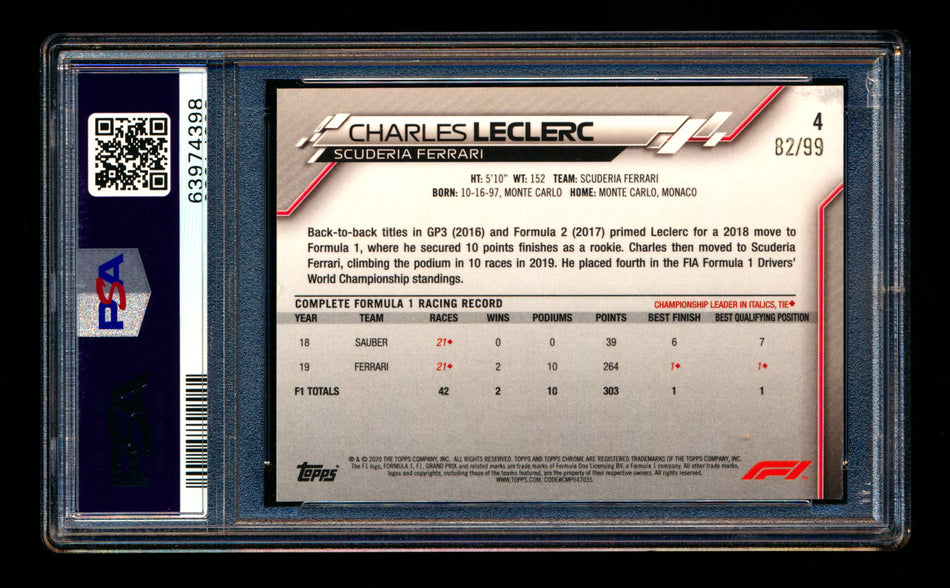 2020 Topps Chrome Sapphire F1 #4 Charles Leclerc RC Aqua Refractor Image Variation SP #82/99 PSA 8