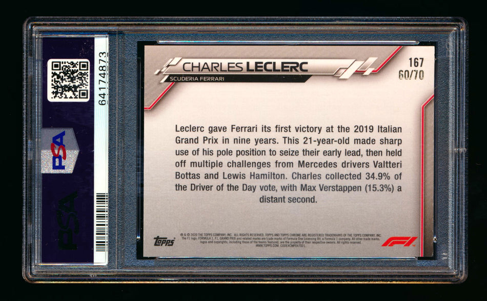 2020 Topps Chrome Sapphire F1 #167 Charles Leclerc RC 70th Silver Refractor #60/70 PSA 9