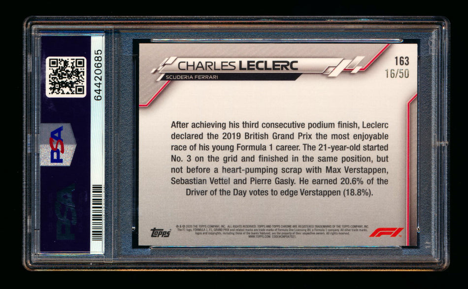 2020 Topps Chrome Sapphire F1 #163 Charles Leclerc RC Gold Refractor #16/50 PSA 9 (Car Number #16!)