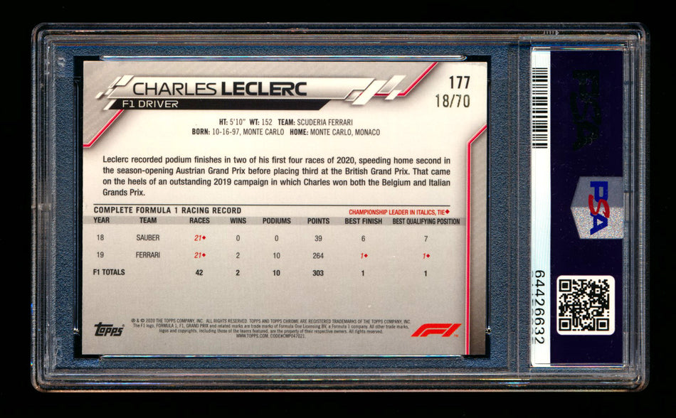 2020 Topps Chrome Sapphire F1 #177 Charles Leclerc RC 70th Silver Refractor #18/70 PSA 8