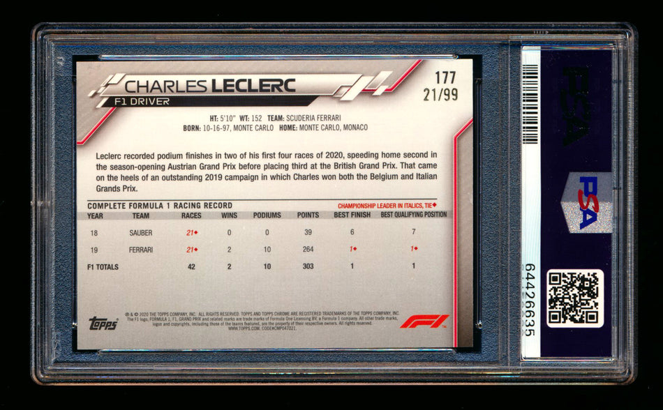 2020 Topps Chrome Sapphire F1 #177 Charles Leclerc RC Aqua Refractor #21/99 PSA 8