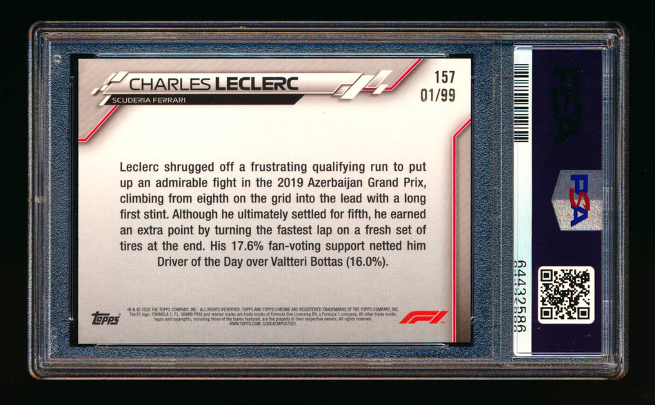 2020 Topps Chrome Sapphire F1 #157 Charles Leclerc RC Aqua Refractor #01/99 PSA 10