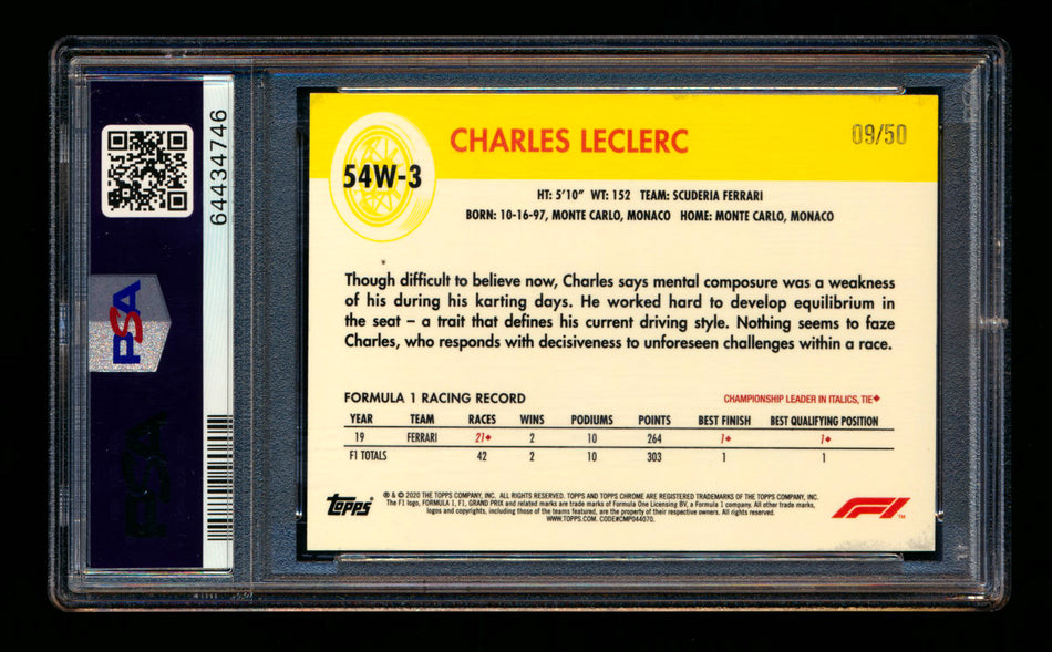2020 Topps Chrome F1 1954 World on Wheels #54W-3 Charles Leclerc RC Gold Refractor #09/50 PSA 9 ** (SOLD - $269.00 - 10/28/2024) **