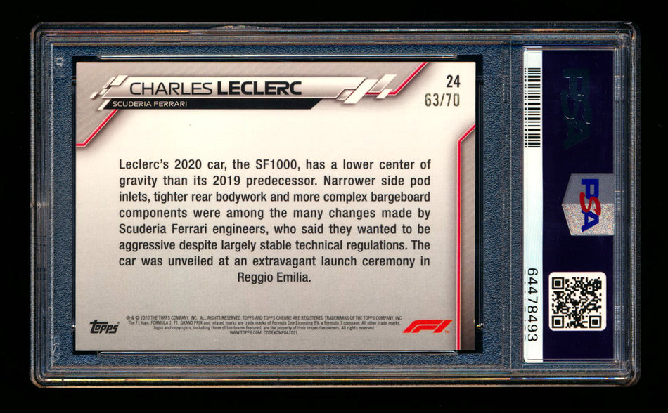 2020 Topps Chrome Sapphire F1 #24 Charles Leclerc RC 70th Silver Refractor #63/70 PSA 9