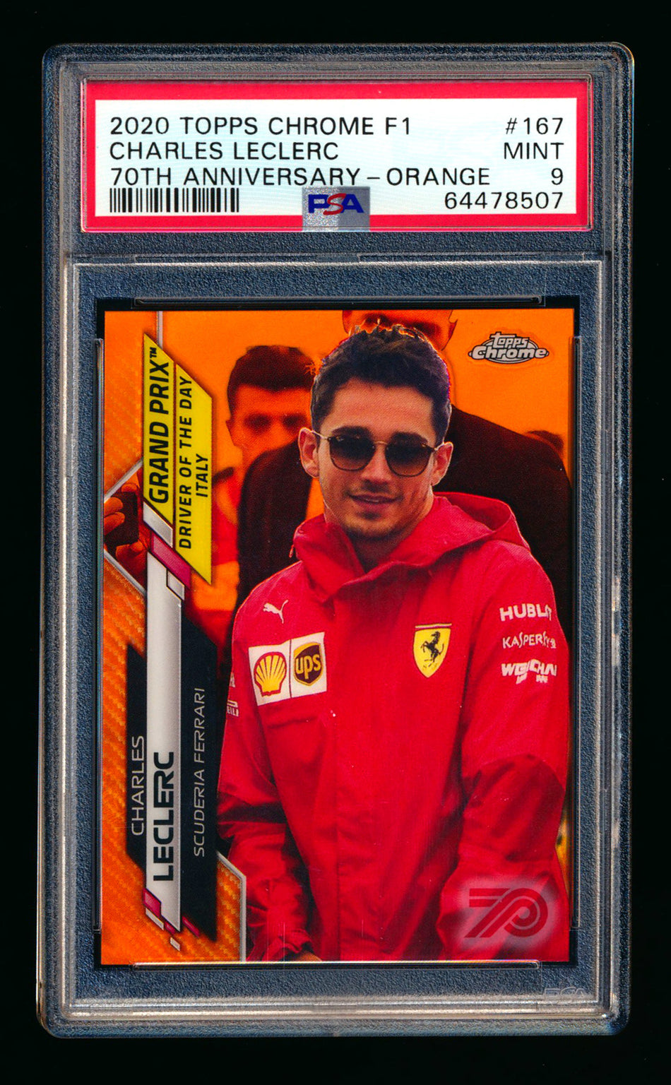 2020 Topps Chrome F1 #167 Charles Leclerc RC 70th Anniversary Orange Refractor PSA 9