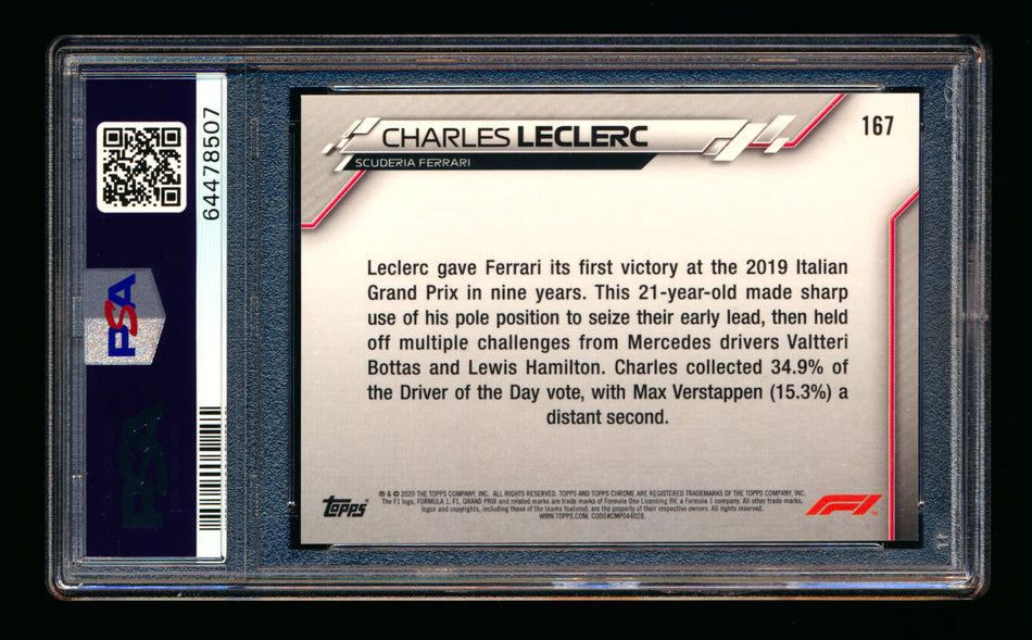 2020 Topps Chrome F1 #167 Charles Leclerc RC 70th Anniversary Orange Refractor PSA 9