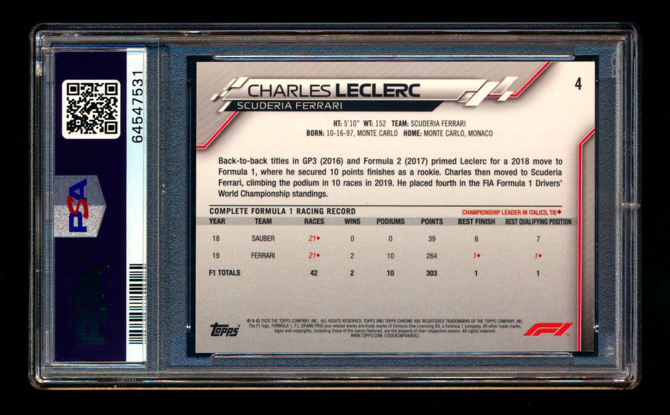 2020 Topps Chrome F1 #4 Charles Leclerc RC Refractor Image Variation SP PSA 8 ** (SOLD eBay - $150.00 - 3/16/2025) **