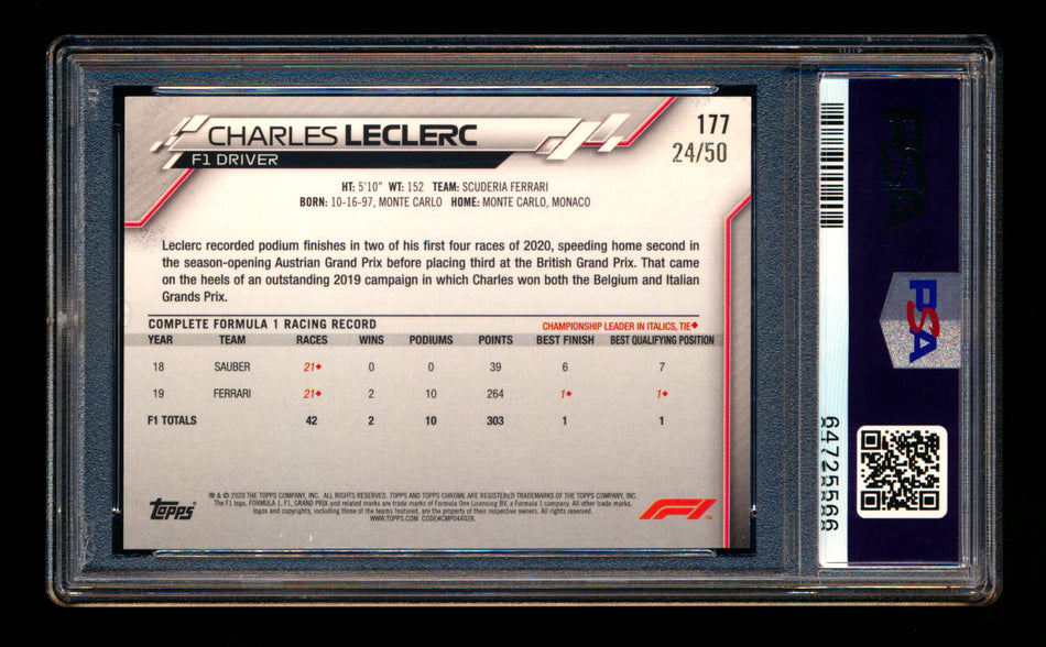 2020 Topps Chrome F1 #177 Charles Leclerc RC Gold Refractor #24/50 PSA 8 ** (SOLD - $249.00 - 2/19/2026) **