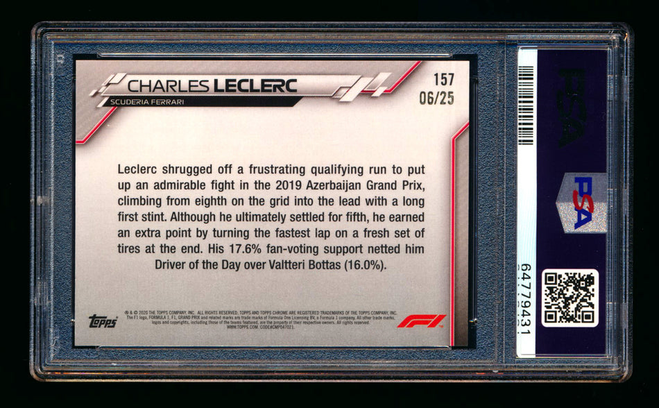 2020 Topps Chrome Sapphire F1 #157 Charles Leclerc RC Orange Refractor #06/25 PSA 9