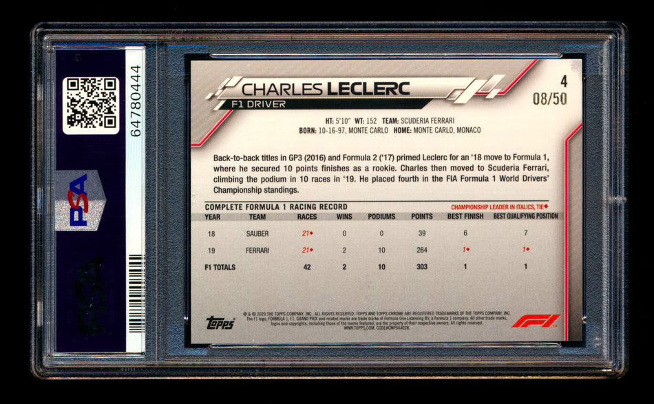 2020 Topps Chrome F1 #4 Charles Leclerc RC Gold Refractor Portrait #08/50 PSA 7 ** (SOLD - $1,100.00 - 11/10/2024) **