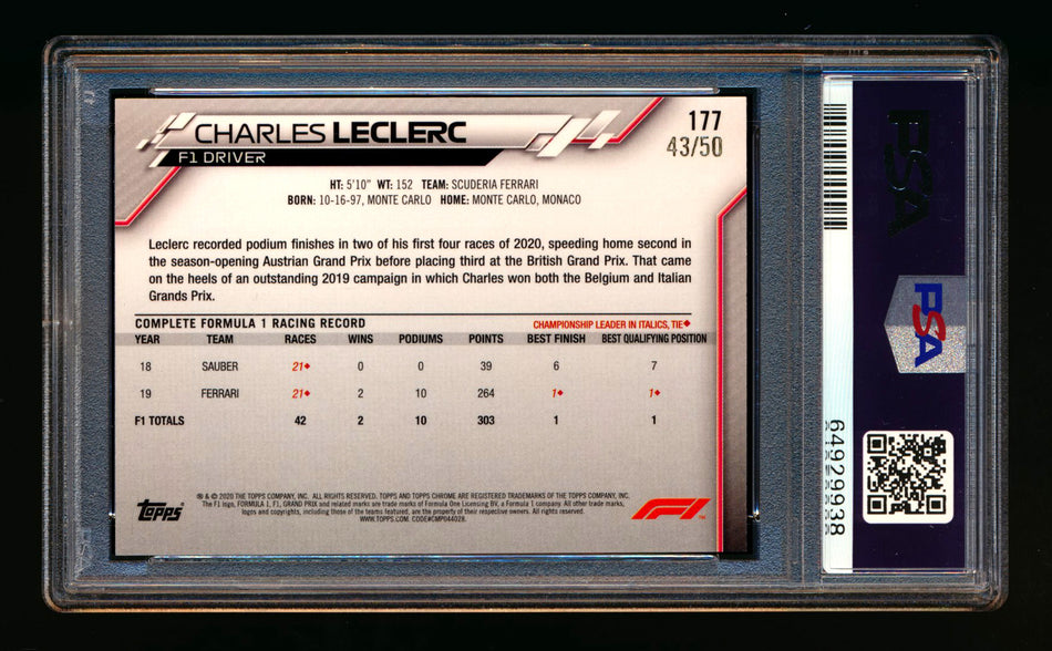 2020 Topps Chrome F1 #177 Charles Leclerc RC Gold Wave Refractor #43/50 PSA 10 ** (SOLD - $1,350.00 - 11/8/2024) **