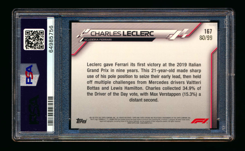 2020 Topps Chrome Sapphire F1 #167 Charles Leclerc RC Aqua Refractor #80/99 PSA 10