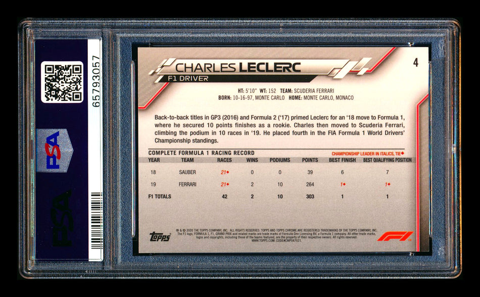 2020 Topps Chrome Sapphire F1 #4 Charles Leclerc RC Refractor Portrait PSA 10 ** (SOLD - $249.00 - 10/2/2026) **