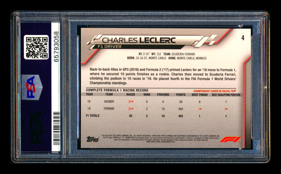 2020 Topps Chrome Sapphire F1 #4 Charles Leclerc RC Refractor Portrait PSA 10 ** (SOLD eBay - $260.00 - 10/5/2026) **