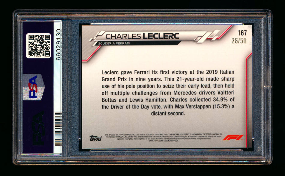 2020 Topps Chrome F1 #167 Charles Leclerc RC Gold Refractor #26/50 PSA 8 ** (SOLD eBay - $79.00 - 1/17/2025) **