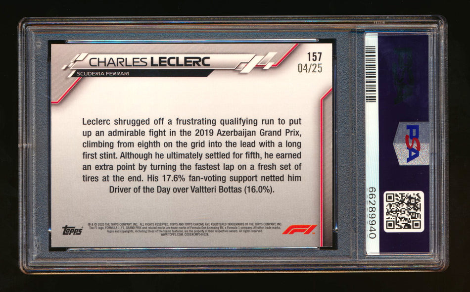 2020 Topps Chrome F1 #157 Charles Leclerc RC Orange Refractor #04/25 PSA 8