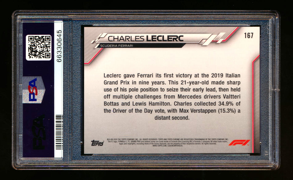 2020 Topps Chrome F1 #167 Charles Leclerc RC 70th Anniversary Gold Refractor PSA 10