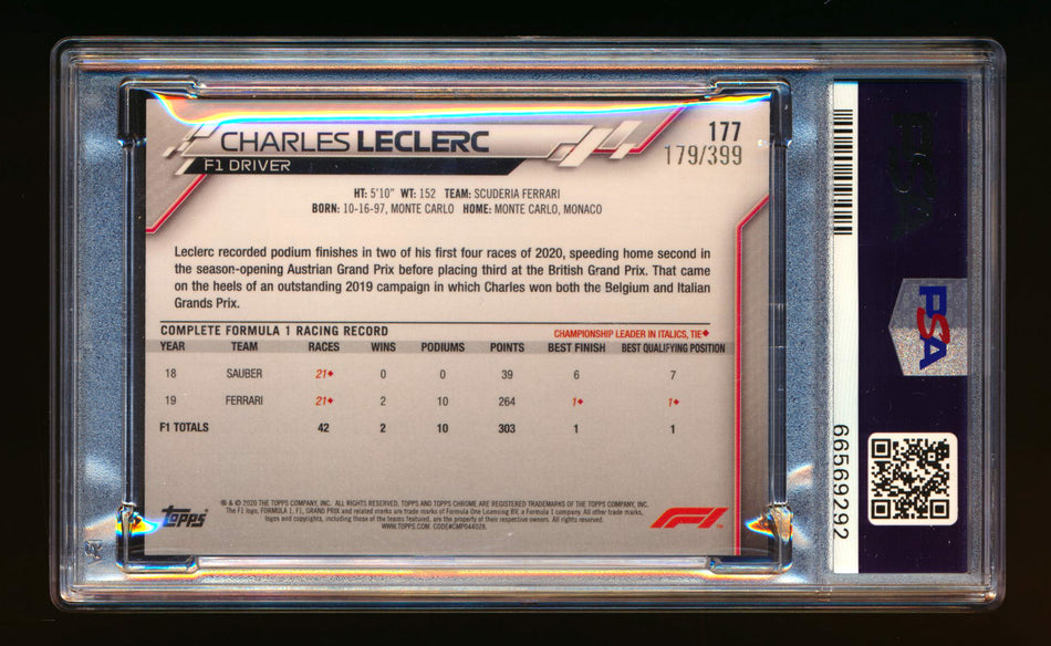 2020 Topps Chrome F1 #177 Charles Leclerc RC Purple Refractor #179/399 PSA 9