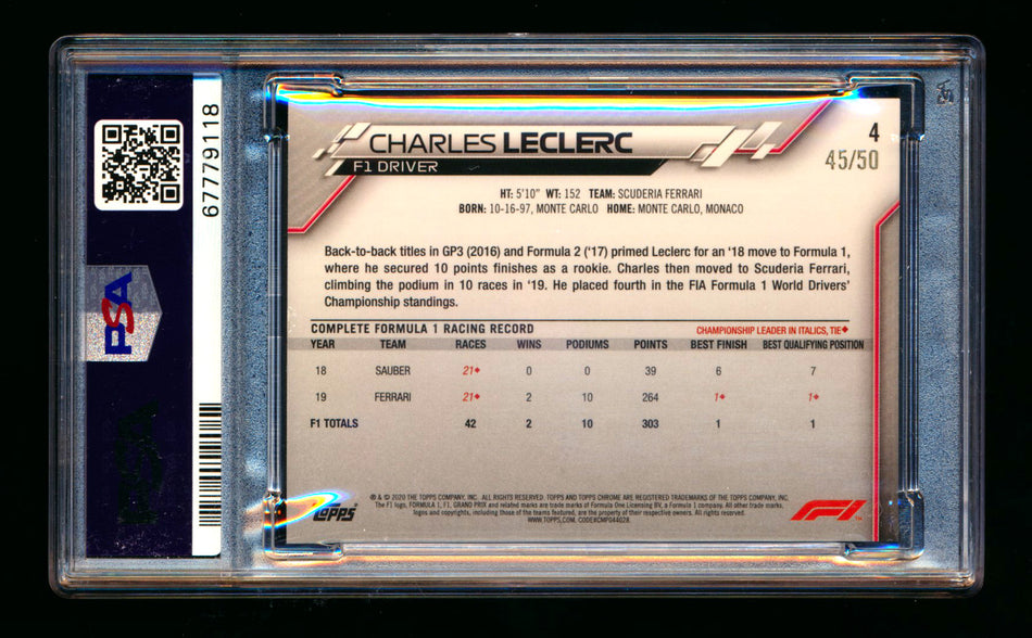 2020 Topps Chrome F1 #4 Charles Leclerc RC Gold Refractor Portrait #45/50 PSA 8