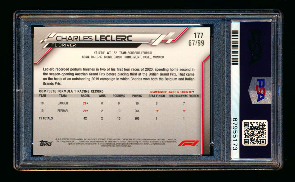 2020 Topps Chrome Sapphire F1 #177 Charles Leclerc RC Aqua Refractor #67/99 PSA 9