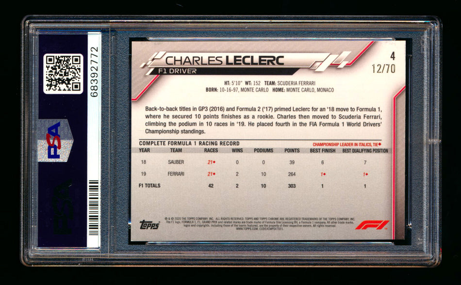 2020 Topps Chrome Sapphire F1 #4 Charles Leclerc RC 70th Silver Refractor Portrait #12/70 PSA 8