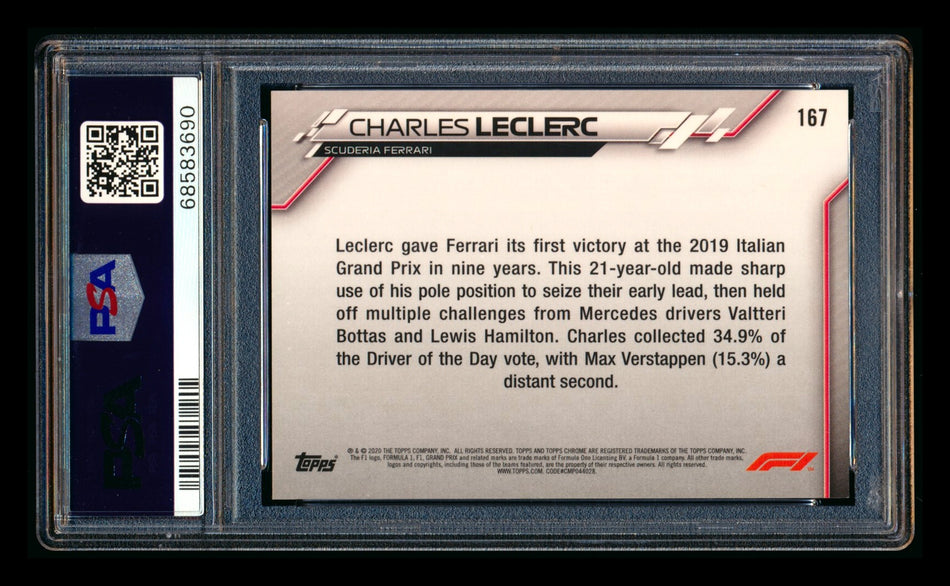 2020 Topps Chrome F1 #167 Charles Leclerc RC 70th Anniversary Gold Refractor PSA 9