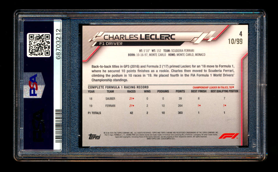 2020 Topps Chrome Sapphire F1 #4 Charles Leclerc RC Aqua Refractor Portrait #10/99 PSA 8 ** (SOLD eBay - $279.00 - 4/20/2025) **