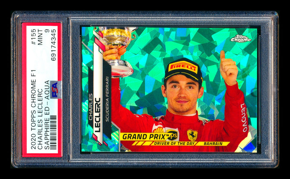 2020 Topps Chrome Sapphire F1 #155 Charles Leclerc RC Aqua Refractor #80/99 PSA 9