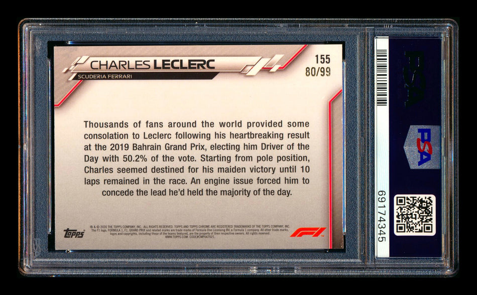 2020 Topps Chrome Sapphire F1 #155 Charles Leclerc RC Aqua Refractor #80/99 PSA 9