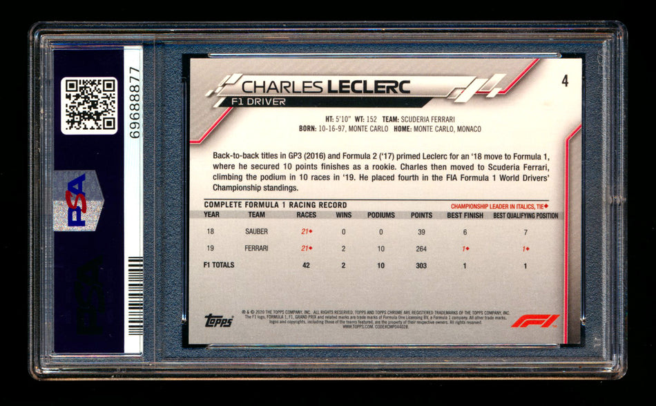 2020 Topps Chrome F1 #4 Charles Leclerc RC 70th Anniversary Gold Refractor Portrait PSA 9