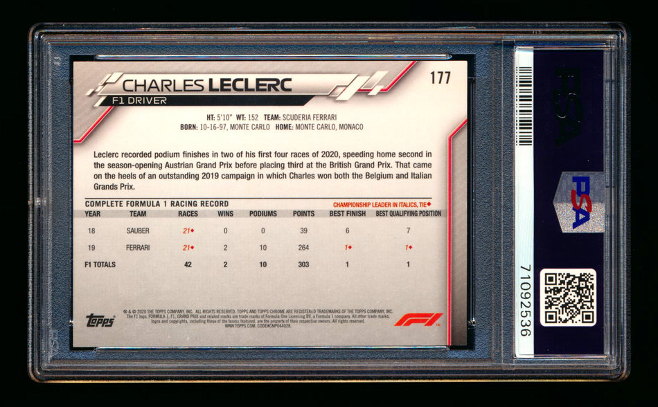 2020 Topps Chrome F1 #177 Charles Leclerc RC 70th Anniversary Red Refractor PSA 8