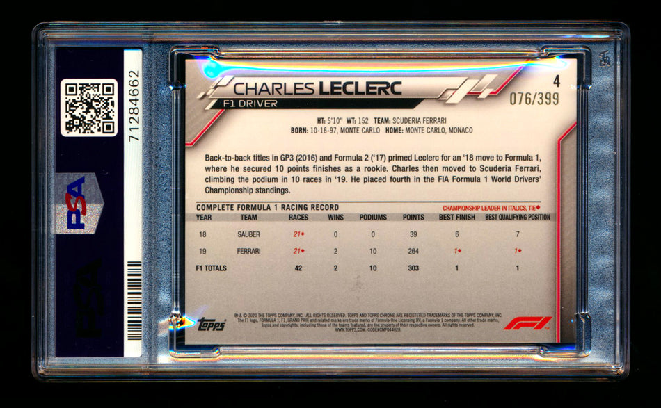 2020 Topps Chrome F1 #4 Charles Leclerc RC Purple Refractor Portrait #076/399 PSA 9 ** (SOLD eBay - $125.00 - 3/17/2025) **