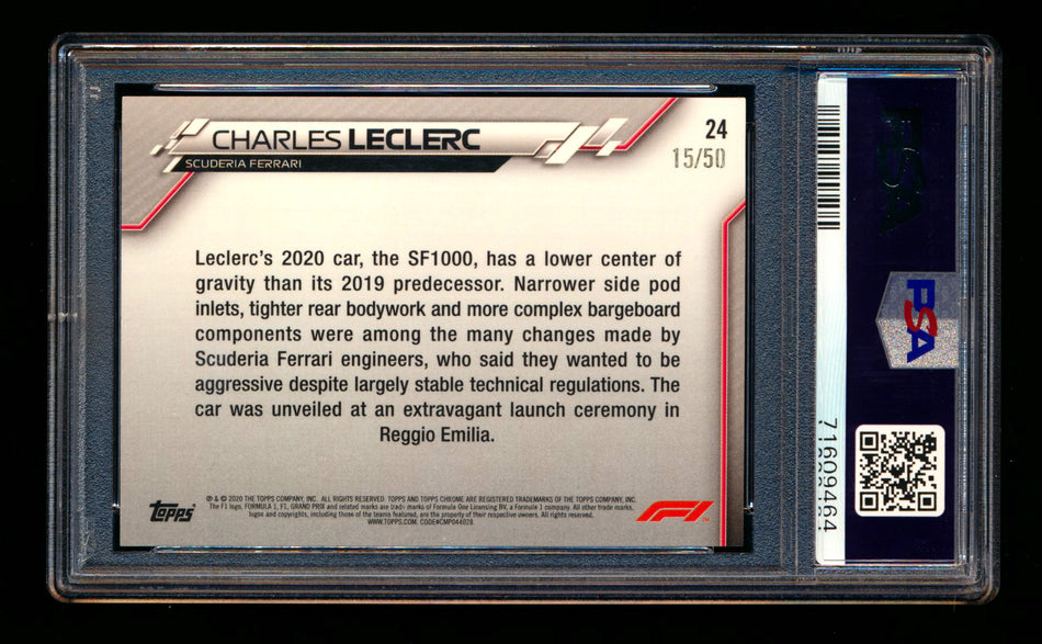 2020 Topps Chrome F1 #24 Charles Leclerc RC Gold Refractor #15/50 PSA 8