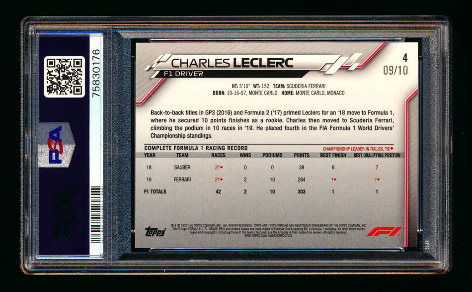 2020 Topps Chrome Sapphire F1 #4 Charles Leclerc RC Purple Refractor Portrait #09/10 PSA 8 ** (SOLD - $3400.00 - 12/17/2024) **