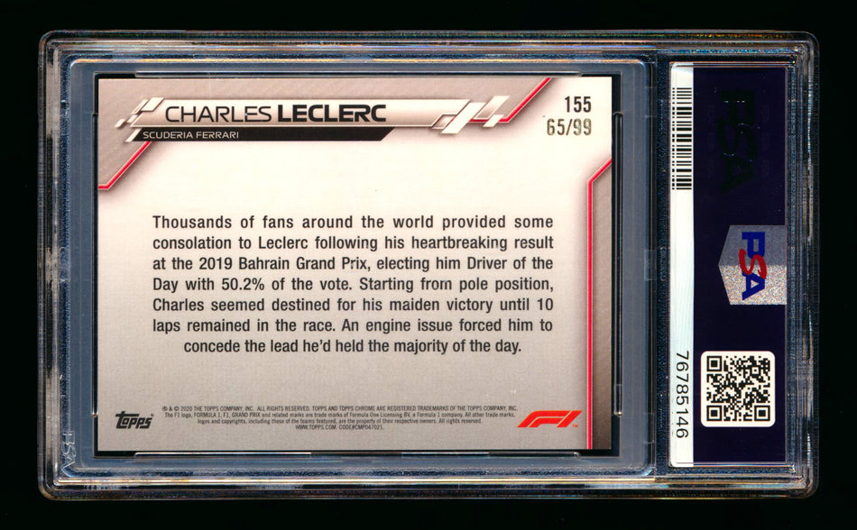 2020 Topps Chrome Sapphire F1 #155 Charles Leclerc RC Aqua Refractor #65/99 PSA 9