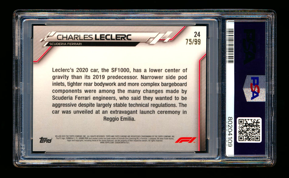 2020 Topps Chrome Sapphire F1 #24 Charles Leclerc RC Aqua Refractor #75/99 PSA 9